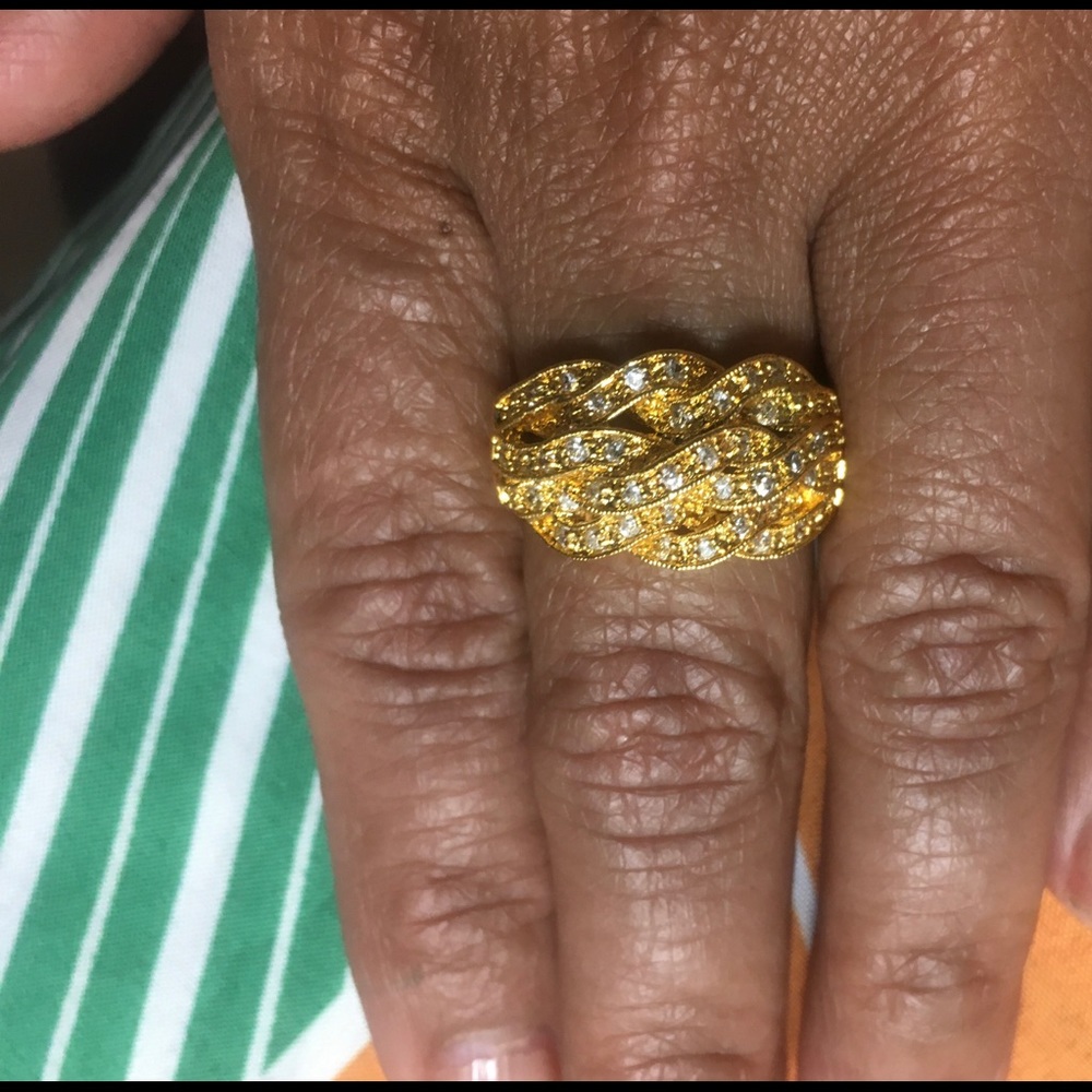 925 Silver Gold Plated Waves Swirls CZ Ring Size 7